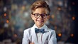 6 year old boy stands as a professor with a bow tie in front of a blackboard with formulas