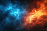 Fototapeta  - lightning storm with storm clouds and flame on the sky. gloomy cloudy dramatic ominous epic sky background