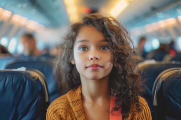 A young girl, dressed in comfortable clothing, gazes out the window of an airplane, her human face a mix of excitement and nervousness as she prepares to embark on a new adventure