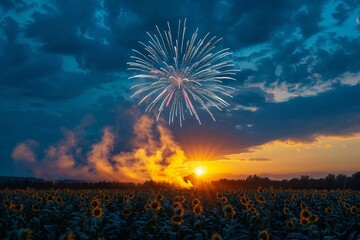 Vibrant bursts of light dance in the sky, painting a colorful canvas over a serene field of flowers as the sun sets and clouds drift by