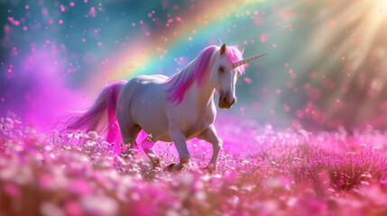 Wall Mural - Magic unicorn in blossoming meadow, fairytale atmosphere