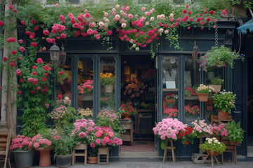 a store front view flower shop. street outdoor. beautiful flower shop front decoration