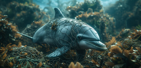 Wall Mural - Dolphin entangled in fishing net underwater, highlighting marine life threats.