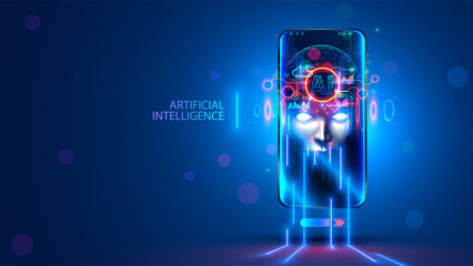 Fototapete - AI with scary face on screen phone. Head chat bot with lightning eyes. Bad Artificial Intelligence in image cyborg look at eyes. Malicious AI or computer ransomware virus taken over mobile phone.