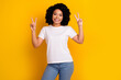 Photo of adorable pleasant woman with perming coiffure dressed white t-shirt two hands show v-sign isolated on yellow color background