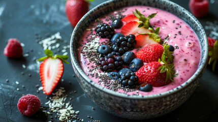 Wall Mural - Pink Smoothie Bowl with Blueberries, blackberries, strawberries and chia seeds. Close up, side view. Vegan super food concept. Healthy breakfast, dieting, detox