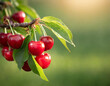 Cherry tree branch close-up, fruit orchard blurred background with copy space