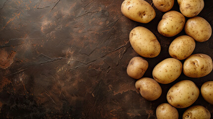 Wall Mural - top view potatoes on a brown background. raw potato food. 