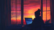 Silhouette of Person Working on Laptop at Sunset