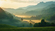 misty morning in the mountains. Beautiful nature landscape, 4K quality. Panorama background photo. Generative AI