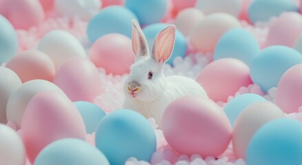 Wall Mural - a white rabbit is standing in a crowd of pink and blue eggs