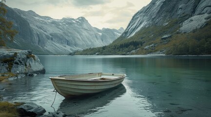 Wall Mural - boat on a lake near mountains