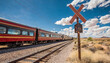 Train driving past a Historic Route 66 sign near Seligman, Arizona, United States