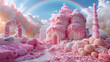 A 3D-rendered cake castle under a rainbow with gumdrop gardens and licorice gates