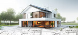 Fototapeta  - Projet de construction d'une maison moderne d'architecte sous forme d'esquisse avec plan