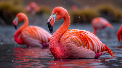 Wall Mural - close up wildlife photography, authentic photo of a flamingo in natural habitat, taken with telephoto lenses, for relaxing animal wallpaper and more