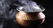 Brass Copper Metal Indian Style Pot Smoke Vape Fog Rising Flowing Moving Rotate On Black Background