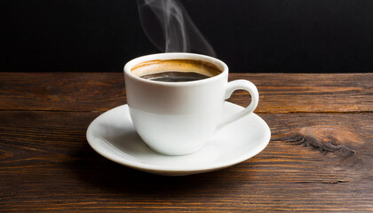 Wall Mural - Cup of hot coffee on dark wooden table over black background