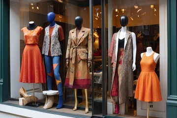 Wall Mural - A beautiful bright multicolored showcase of a women's clothing store. White mannequins wearing different clothes, accessories in the shop window. Shopping, interior designer concepts.