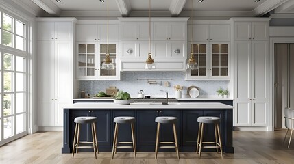 Wall Mural - a coastal inspired kitchen with white cabinets and navy blue island, evoking a nautical and seaside vibe