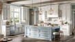 a coastal inspired kitchen with white cabinets and light blue island, evoking a fresh and airy atmosphere