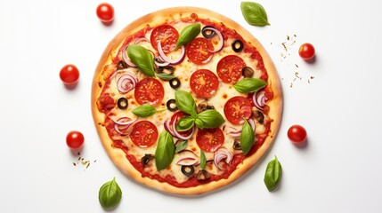 Wall Mural - Colorful pizza ingredients. Tomatoes, cheese, chilli peppers and basil leaves on white background, top view, free space
