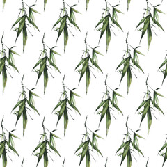  Watercolor hand painted exotic greenery seamless pattern. Green bamboo branches, leaves and twigs. Watercolour template design.