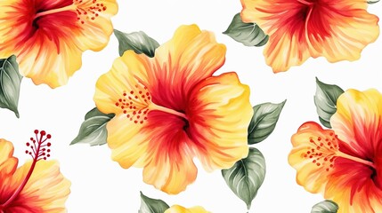 Wall Mural - Hand drawn seamless pattern with watercolor red and yellow hibiscus flowers on the white background