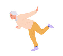 Isolated senior woman cartoon character losing balance falling down feeling dizziness or stumbling
