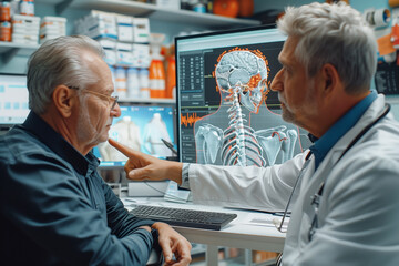 Doctor discussing spine with patient using numbers on the computer screen doctor working concept