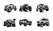 A group of monster trucks are lined up in black and white, showcasing their massive size and powerful design, black vector design, again white background 
