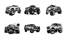 A Group Of Monster Trucks Are Lined Up In Black And White, Showcasing Their Massive Size And Powerful Design, Black Vector Design, Again White Background 