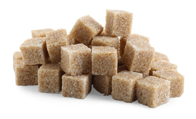 Many brown sugar cubes isolated on white