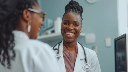 Wall Mural - Smiling African american female doctor discussing treatment with patient in medical office. Therapist, general practitioner with stethoscope consulting patient during medical checkup visit