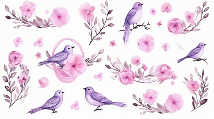 Wall Mural - Watercolor flowers,leaves,branches,isolated on white. Sketched wreath,pigeons,envelopes,bottle,hearts for romantic,wedding,valentines day design. Watercolour style