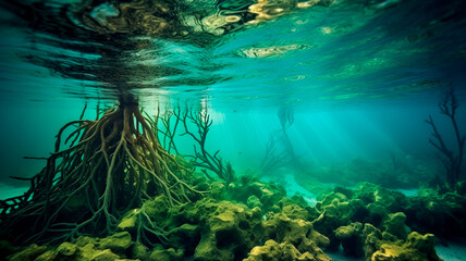 Wall Mural - underwater view of a tropical island with a huge coral