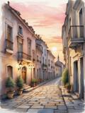 Fototapeta Uliczki - Narrow street of an old European city at sunset. Romantic vertical background in digital illustration style.