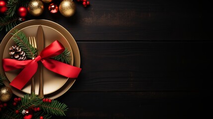 Christmas table place setting with christmas pine branches and plate, kine, fork ,ribbon and bow/ Christmas holidays background