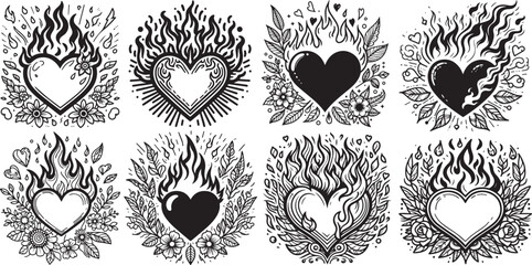 Wall Mural - hot burning heart, black and white decorative vector