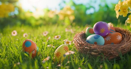 Poster - Easter eggs on grass on a sunny spring day