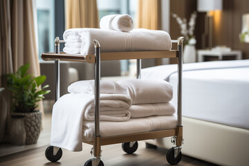 Hotel maid trolley, trolley with snow-white clean towels. Room cleaning concept. Generated by artificial intelligence