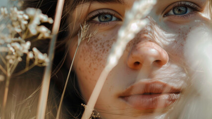 Poster - young beautiful brunette with a freckles