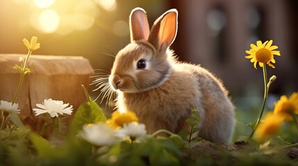 Little rabbit smelling a flower in the garden