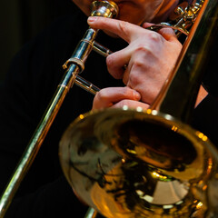 Sticker - Hands of a musician playing the trombone close-up