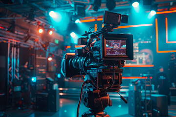tv studio live broadcasting.recording show.tv news program studio with video camera lens and lights.