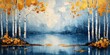 © Planetary Artist - Abstract art acrylic oil painting of forest birch trees landscape with gold details and reflection of water from a lake. Generative AI