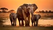 African Elephant Family of Five at Sunset