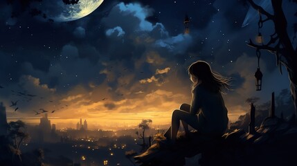 Wall Mural - Silhouette of a girl looking at the moon, orange and blue wallpaper