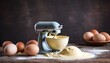 Baking background. Blend eggs with a mixer to make a dough. On a rustic background