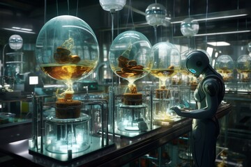 Scientist in modern helmet conducting experiments alongside sophisticated robots in a high tech lab.